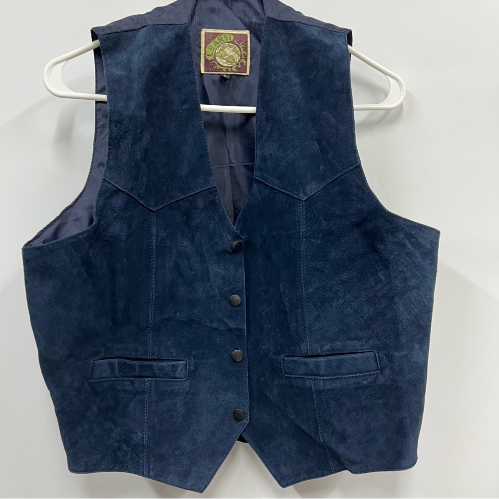 Learsi women’s Large Vintage navy blue Leather V-Neck Button Front Vest